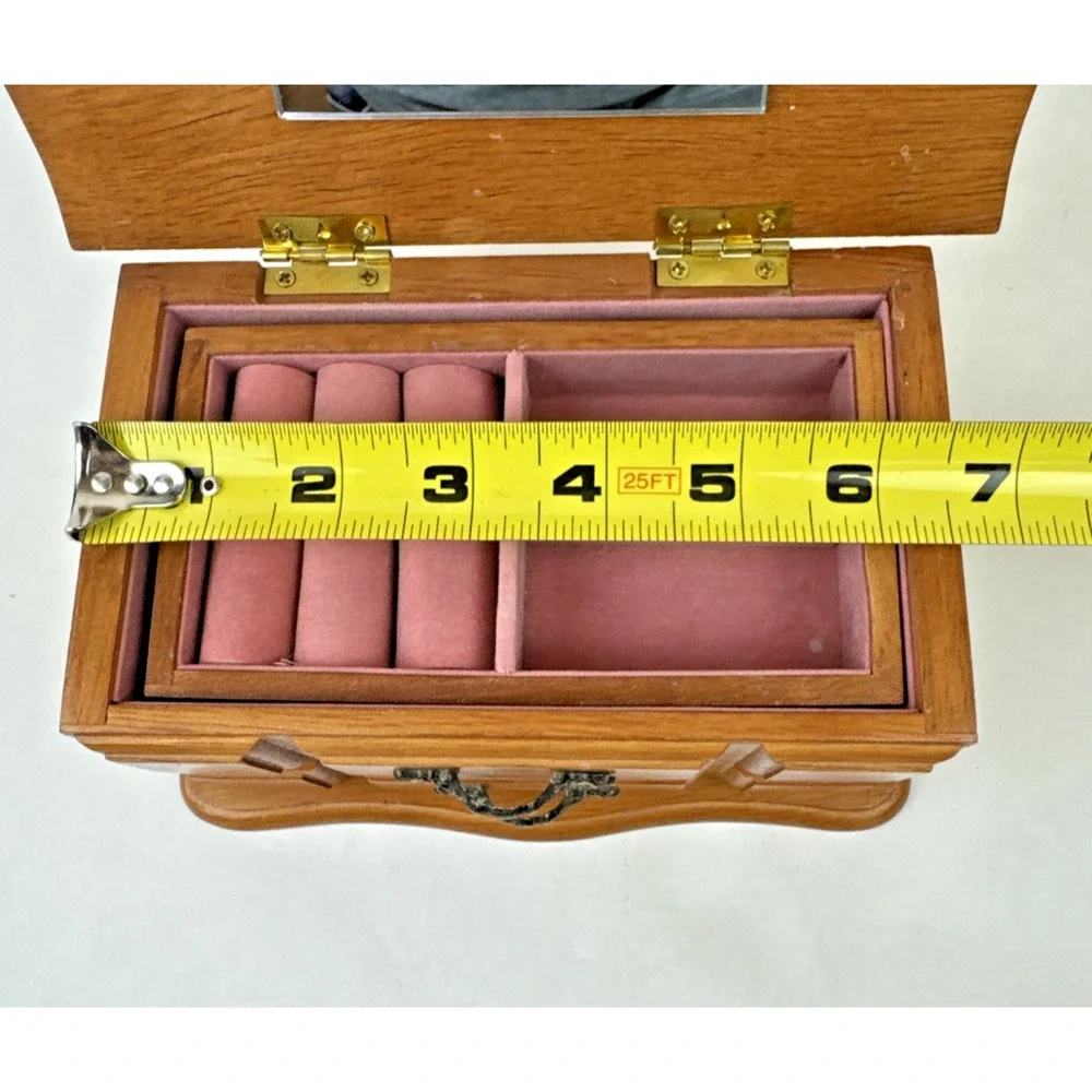 Small Jewelry Box Oak Finish Velvet Lined, Mirror, Lift Top & lift out tray